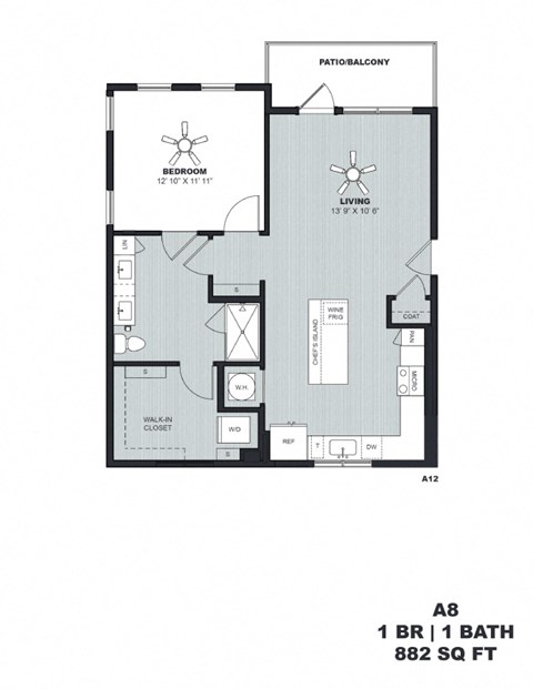Floor plan for 1 bed, 1 bath, 882 sqft